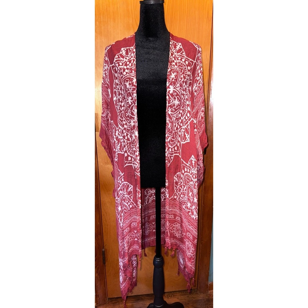 Woven Heart‎ Boho Dark Red Mandala Tassel Trim Kimono Cardigan One Size